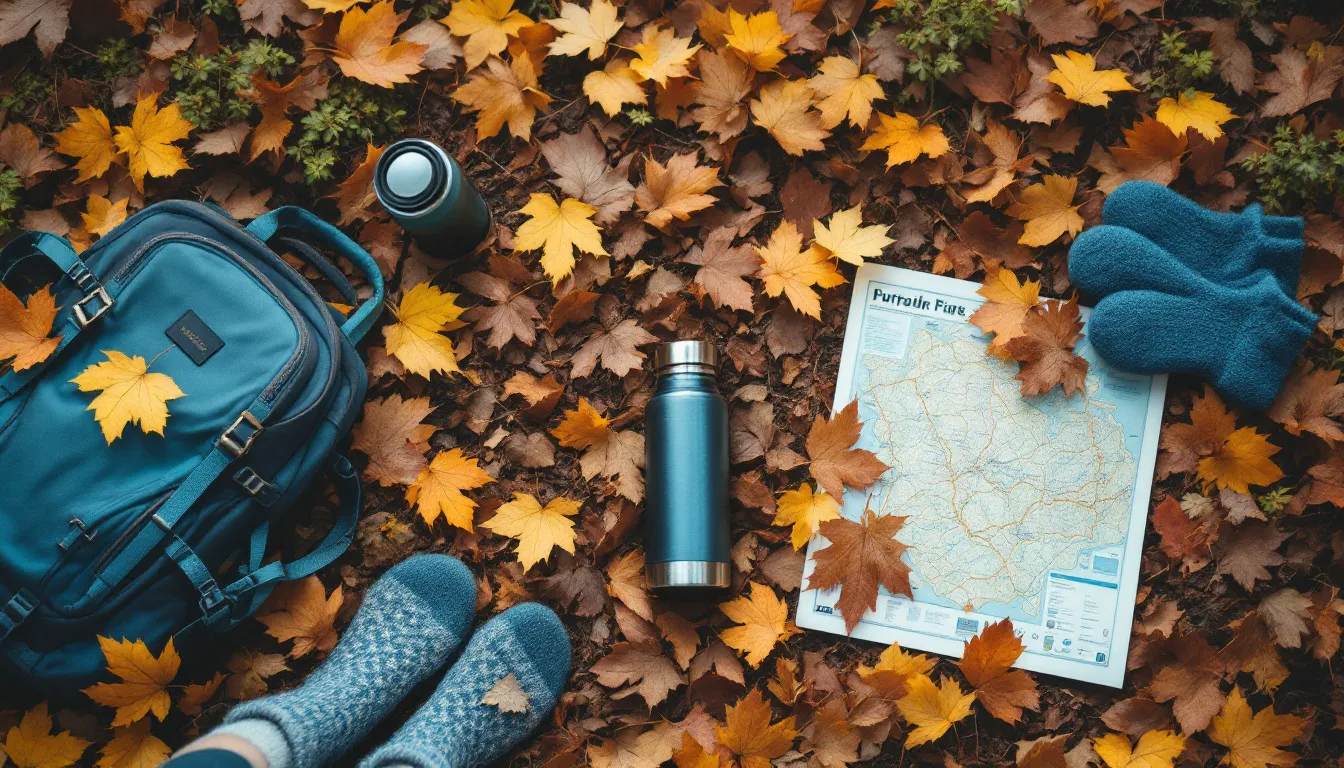 Wanderrucksack, Thermoskanne, Wollsocken und Karte auf Herbstlaub