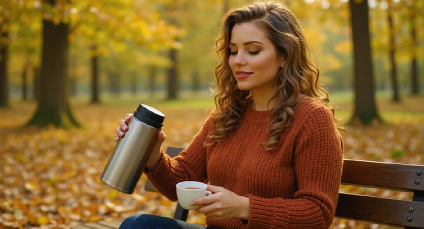 Lena macht auf einer Waldbank im Herbst Teepause (virtuelle KI-Persona)