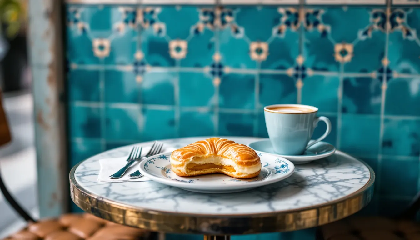 Pastel de Nata und Espresso vor blauen Azulejo-Fliesen