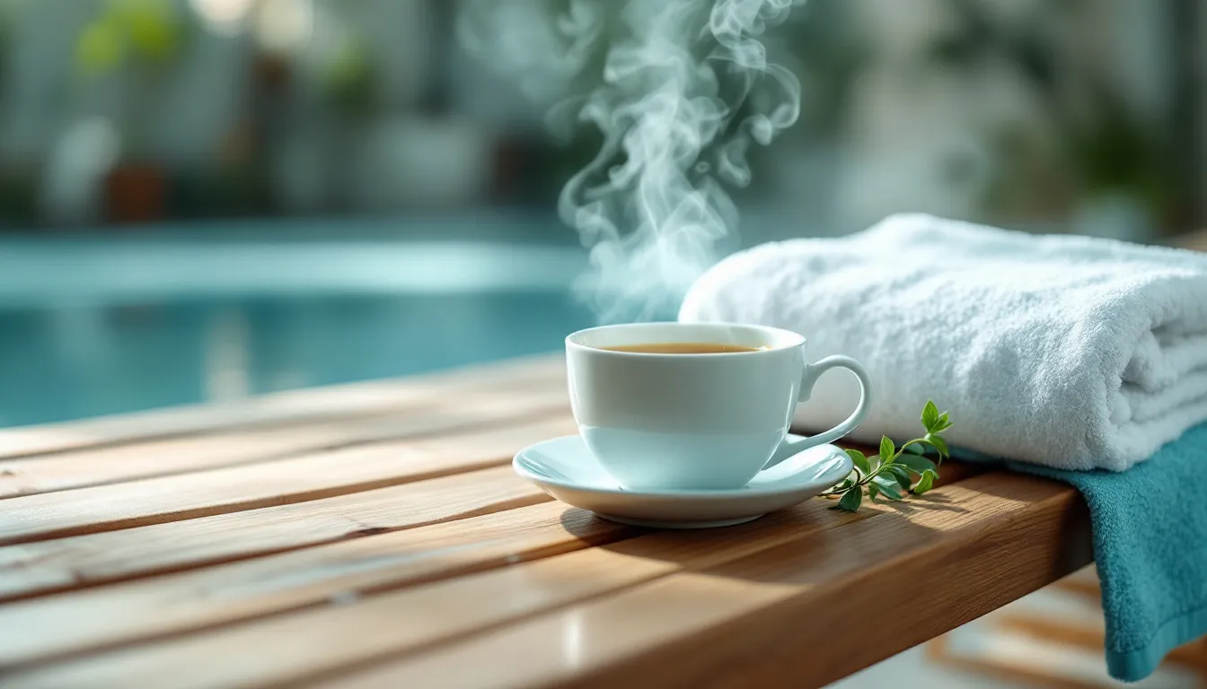 Handtuch, Kräutertee und Eukalyptus auf einer Holzbank in der Therme