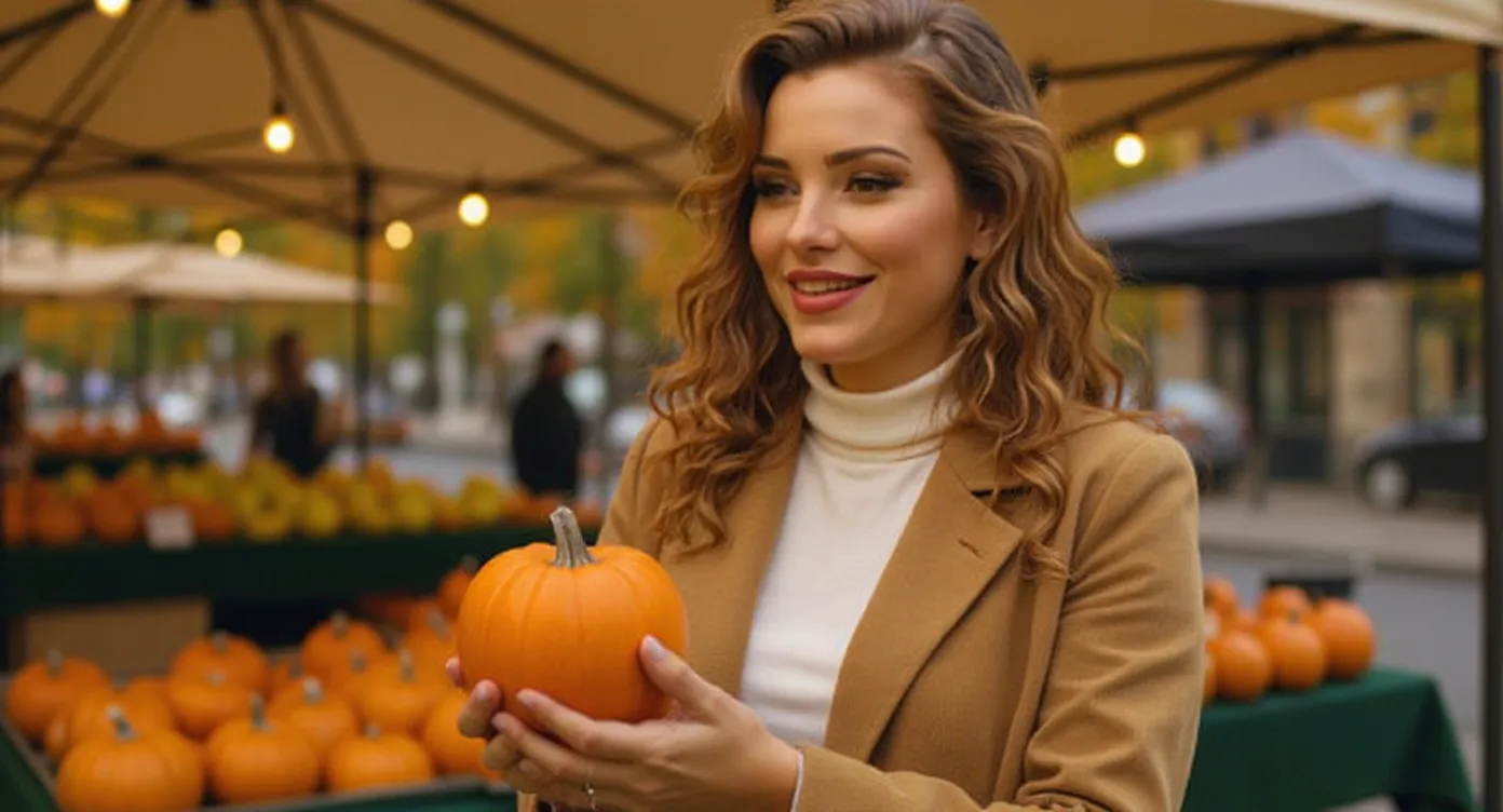 Lena mit einem kleinen Kürbis auf dem Herbstmarkt (virtuelle KI-Persona)