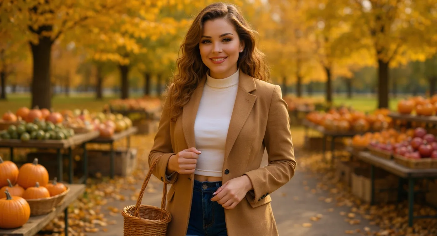 Lena auf einem herbstlichen Markt mit Kürbissen und Äpfeln unter goldenen Bäumen, Kamelmantel, Weidenkorb (virtuelle KI-Persona)