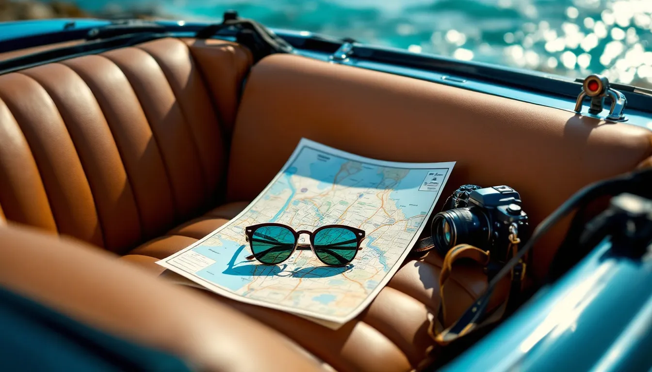 Straßenkarte, Sonnenbrille und Kamera auf dem Ledersitz eines Cabrios