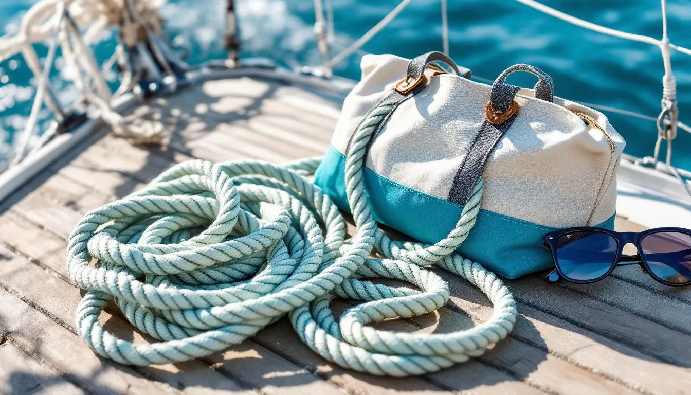 Aufgerollte Taue, Segeltasche und Sonnenbrille auf dem Deck
