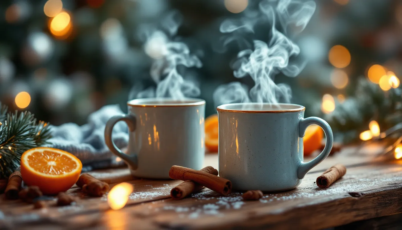 Zwei dampfende Tassen auf einer Weihnachtsmarktbude mit Lichterkette