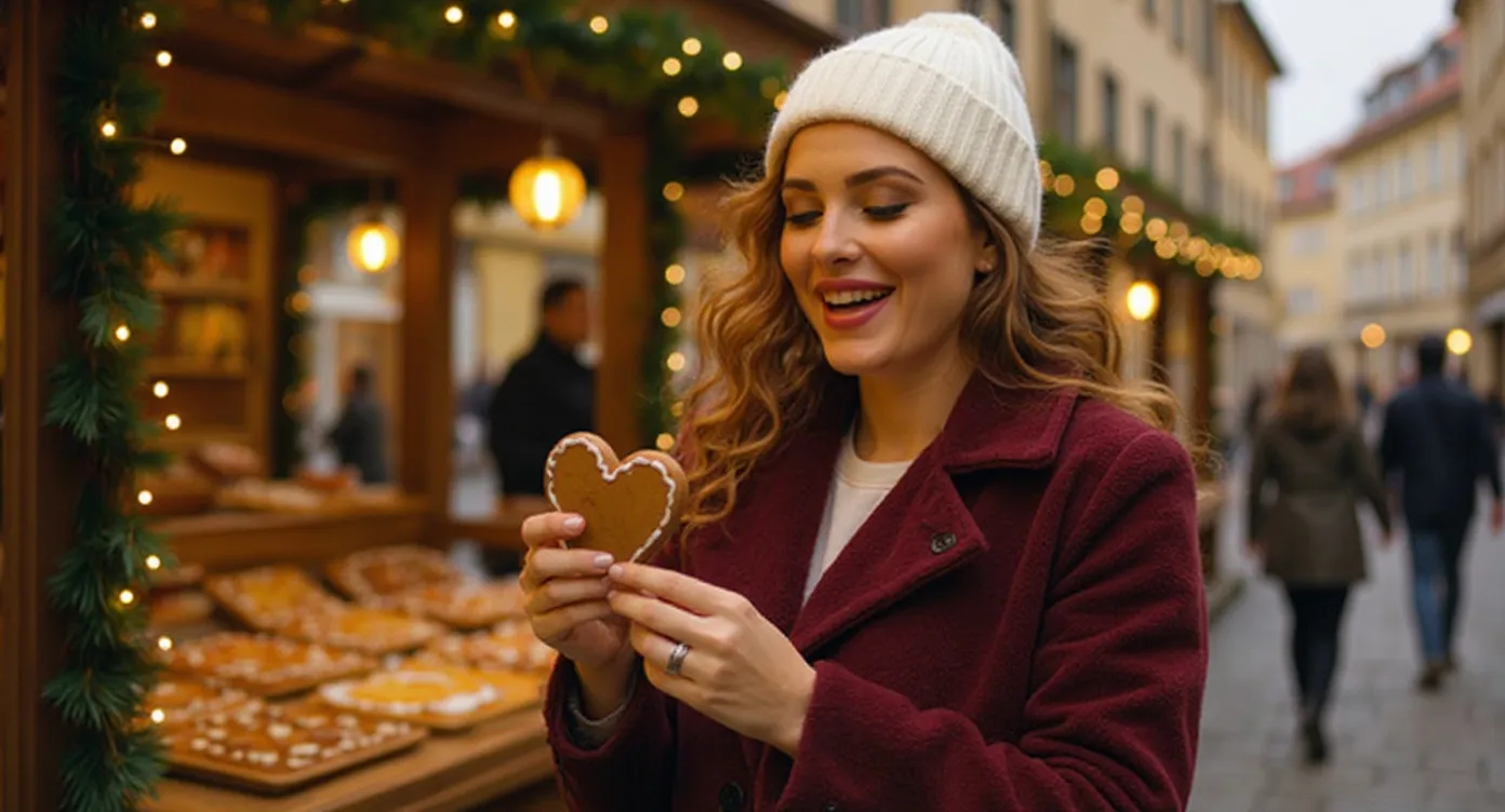 Lena mit einem Lebkuchenherz auf dem Weihnachtsmarkt (virtuelle KI-Persona)
