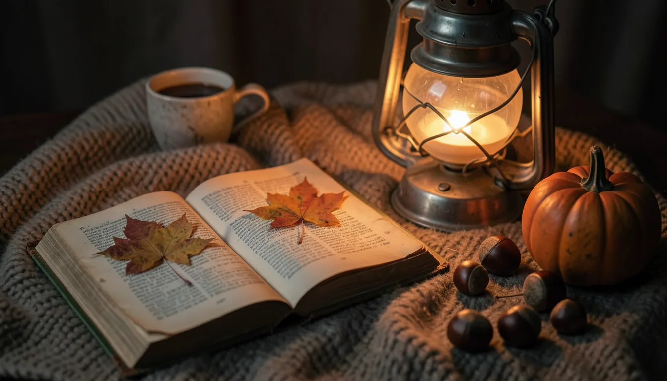 Altes aufgeschlagenes Buch mit gepressten Herbstblättern, Laterne mit LED-Licht, Kakao, Kastanien und kleiner Kürbis auf einer Wolldecke (KI-generiertes Bild)