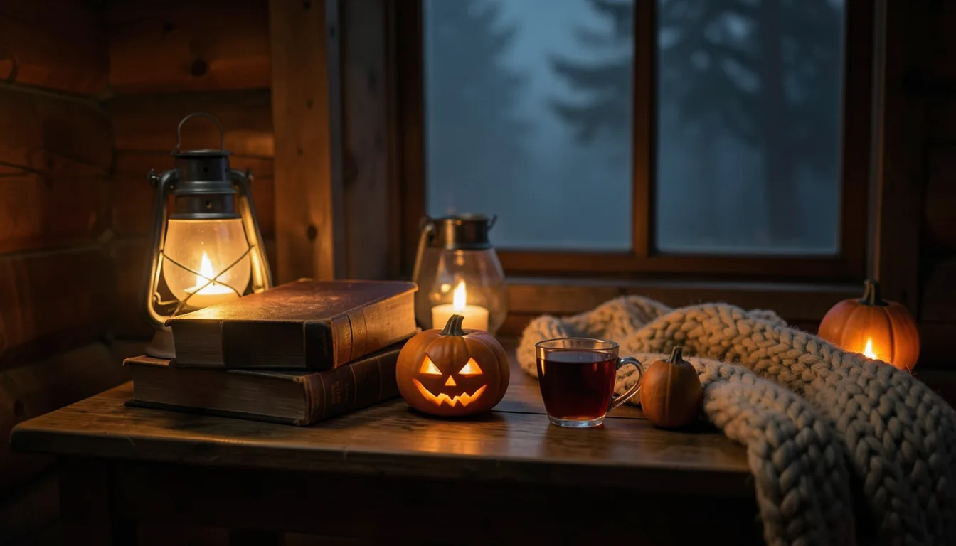 Holzhütte bei Nacht: Tisch mit Glaslaternen, alten Büchern, Strickdecke, zwei Teetassen und Kürbis, draußen Nebel (KI-generiertes Bild)