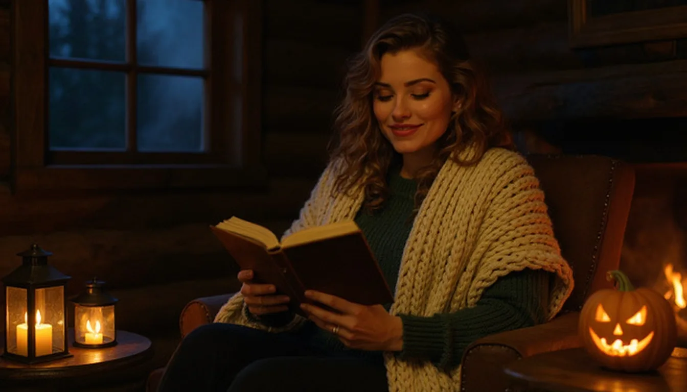 Lena sitzt in eine Strickdecke gehüllt im Sessel einer Holzhütte, liest ein altes Buch, daneben Laternen und ein leuchtender Kürbis (virtuelle KI-Persona)