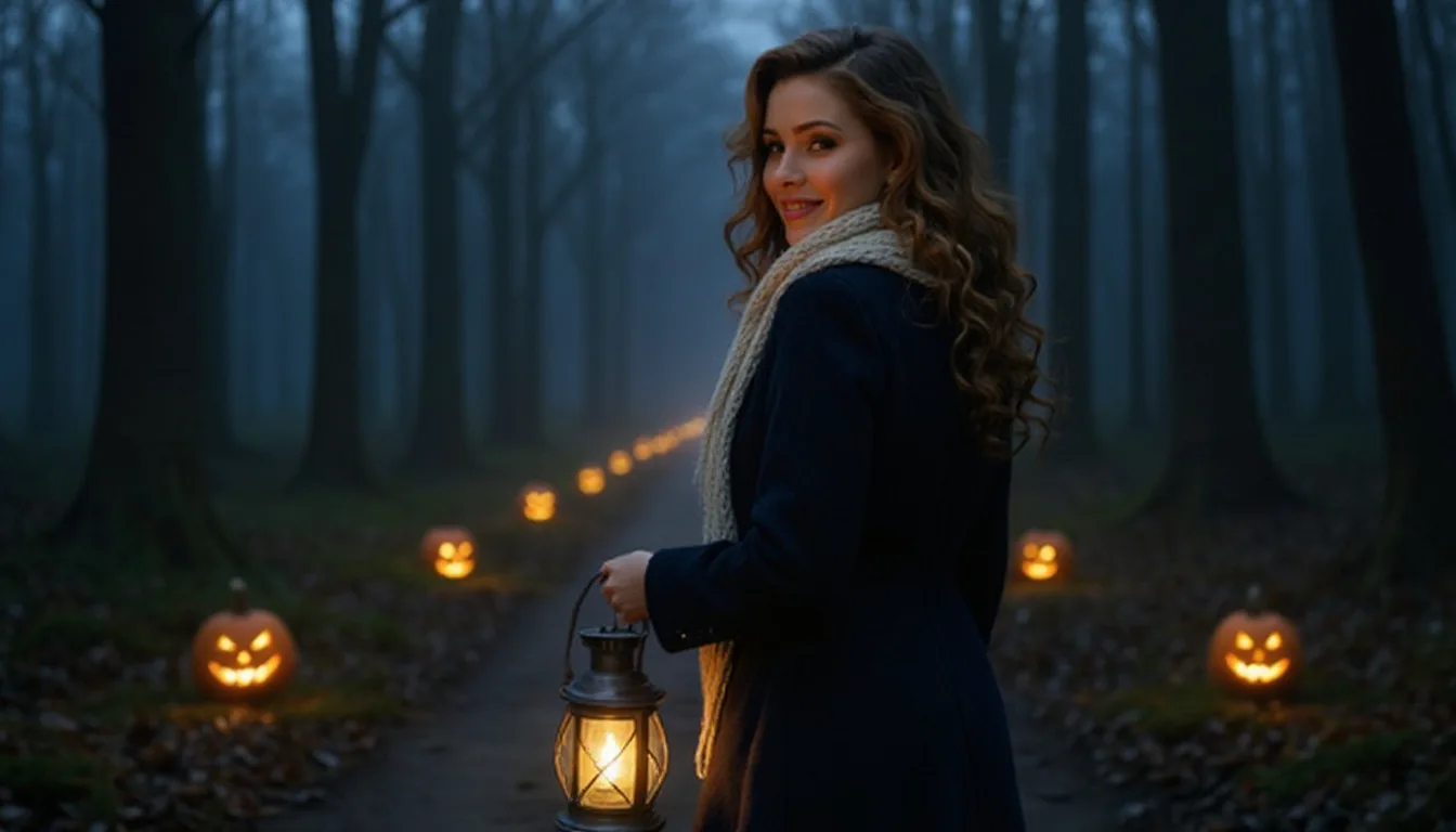 Lena im dunkelblauen Wollmantel mit Laterne auf einem nebligen Waldweg, gesäumt von leuchtenden Kürbissen (virtuelle KI-Persona)